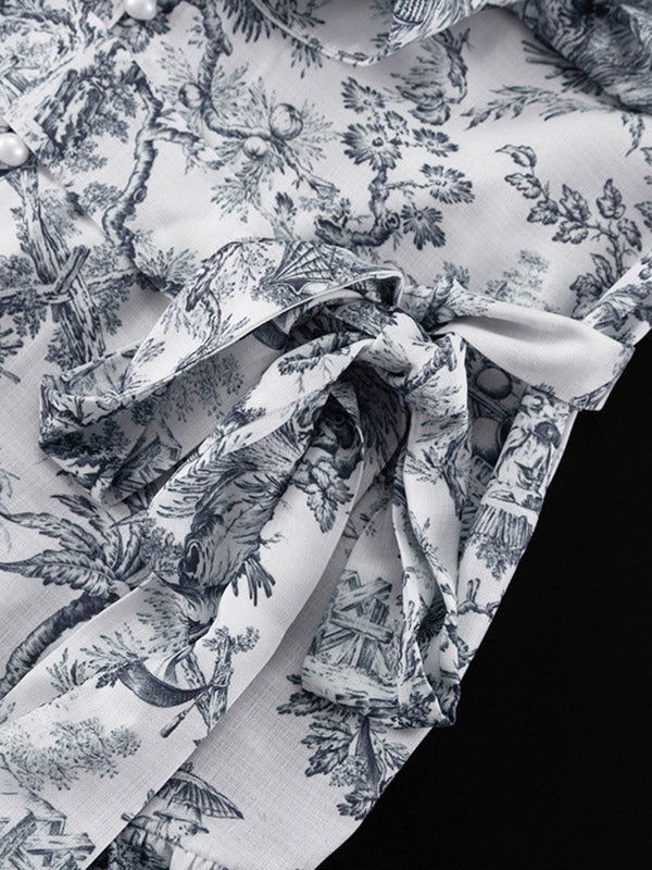 Pleated Printed Split-Joint Tied Waist Loose Puff Sleeves Stand Collar Mini Dresses