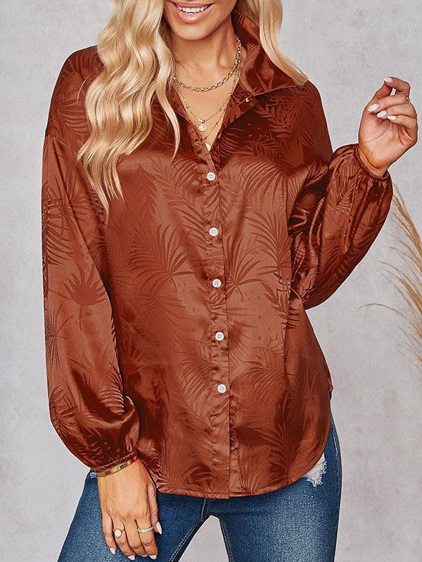 Jacquard Split-Joint Loose Puff Sleeves Lapel Blouses