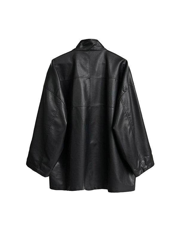 Buttoned Pockets Solid Color Long Sleeves Loose Stand Collar Outerwear