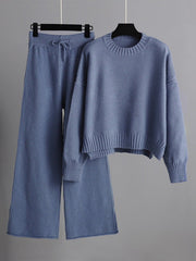 Stylish Loose High-Low Long Sleeves Solid Color Round-Neck Sweater Tops& Wide Leg Pants Two Pieces Set