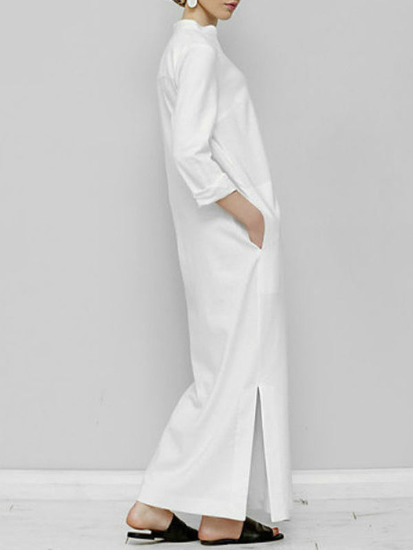 Solid Color Split-Joint Long Sleeves Loose V-Neck Maxi Dresses