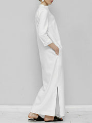 Solid Color Split-Joint Long Sleeves Loose V-Neck Maxi Dresses