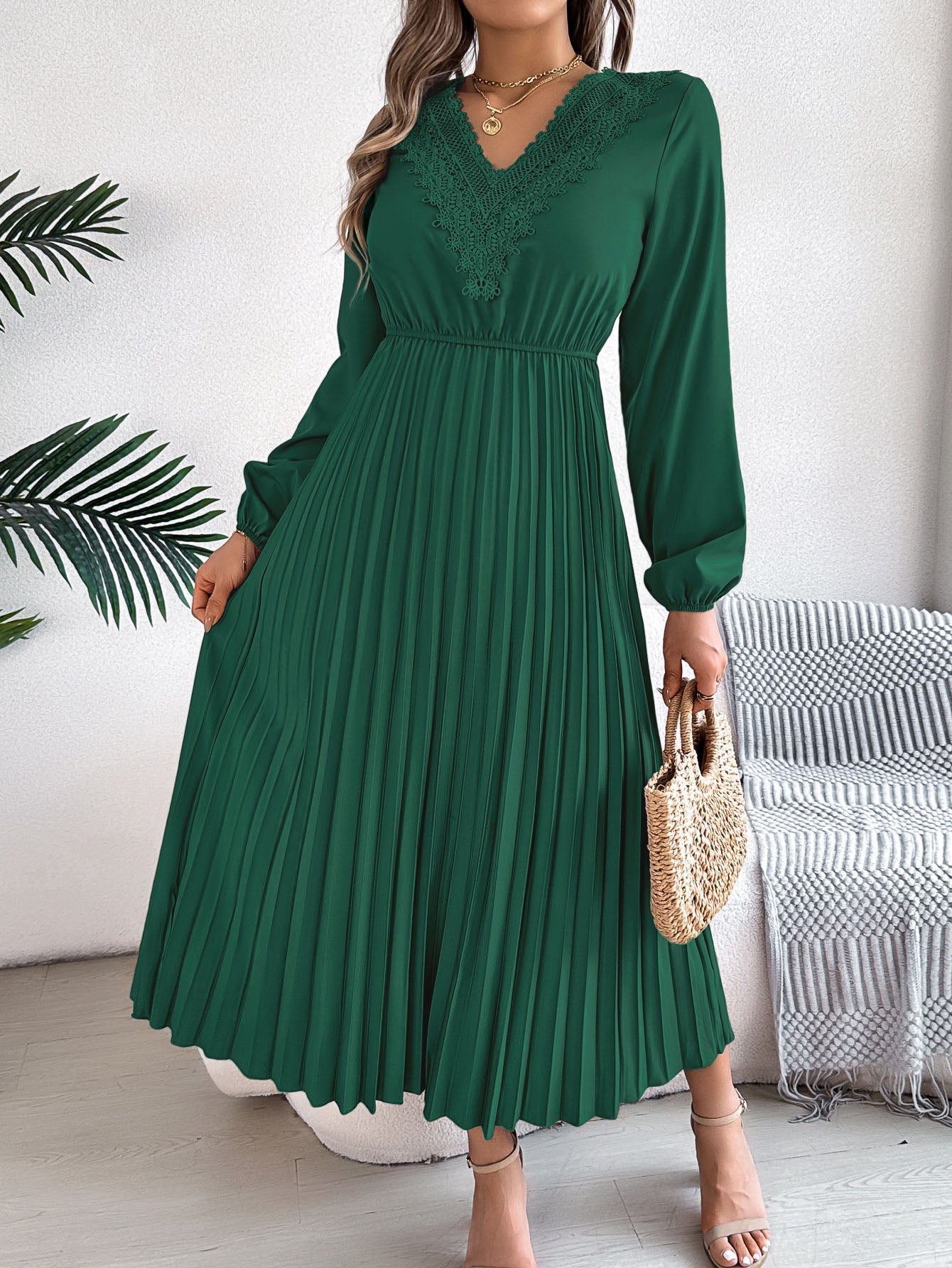 Pleated Solid Color Elasticated Waist High Waisted V-neck Midi Dresses
