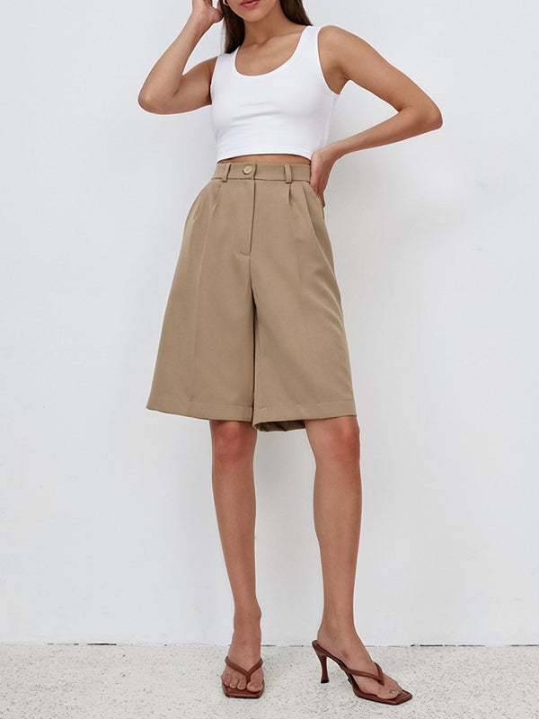 Pleated Solid Color Split-Joint High Waisted Loose Shorts Bottoms Half Pants