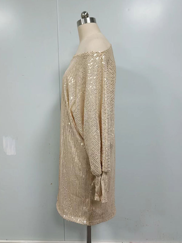 Asymmetric Sequined Solid Color A-Line Loose One-Shoulder Mini Dresses