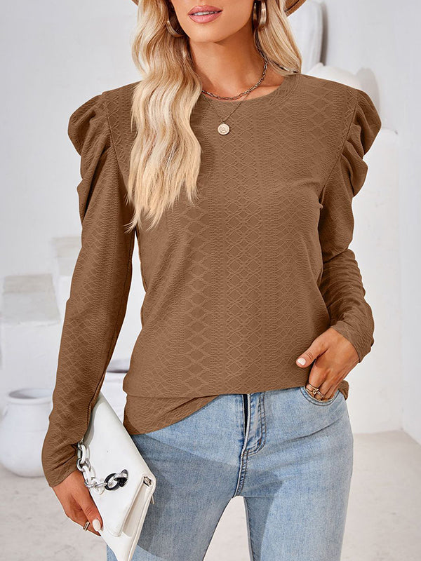 Pleated Solid Color Long Sleeves Loose Round-Neck T-Shirts Tops