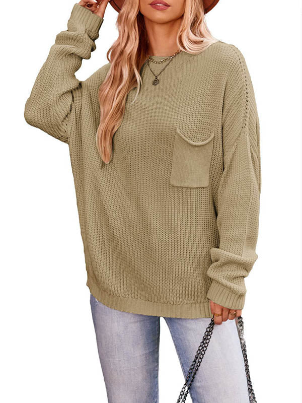Pockets Solid Color Long Sleeves Loose Round-Neck Sweater Tops Pullovers