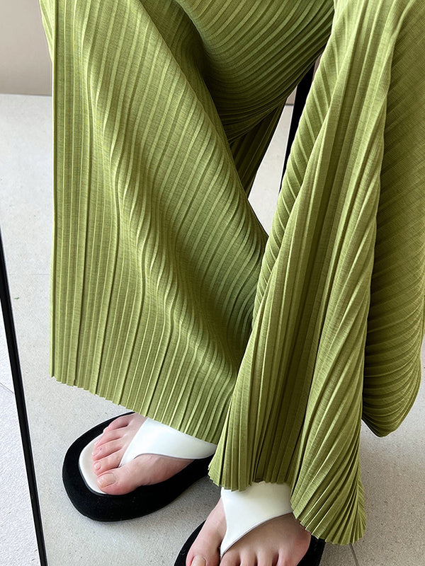 Pleated Solid Color Wide Leg Pants Bottoms