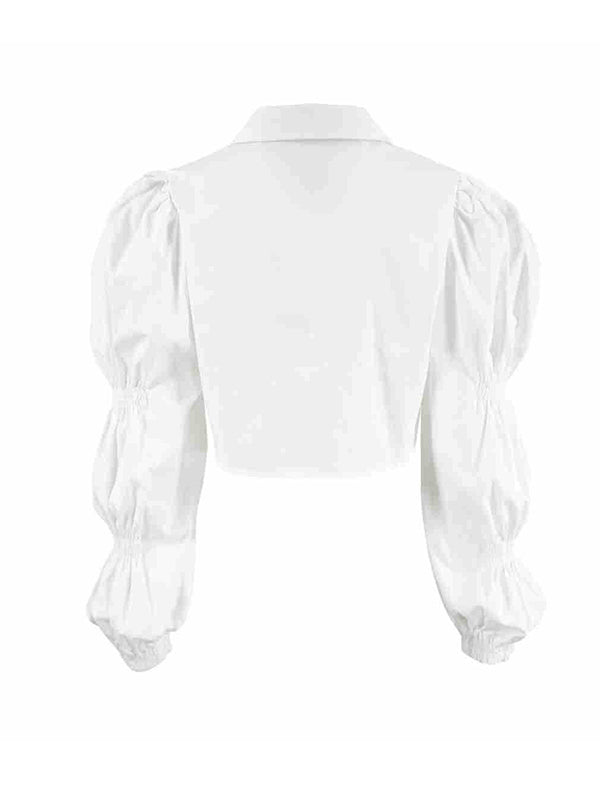 Buttoned Elasticity Solid Color Bishop Sleeve Long Sleeves Lapel Blouses&Shirts Tops