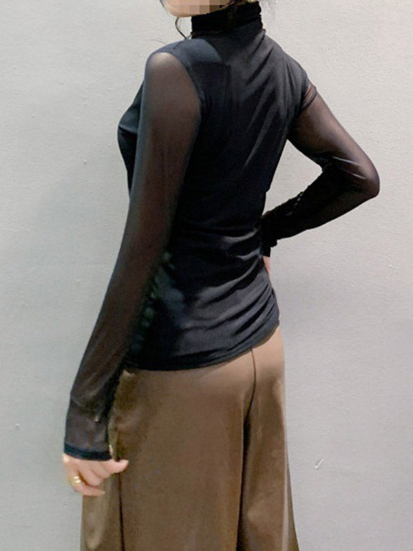 Printed See-Through Split-Joint Long Sleeves Plus Size High Neck T-Shirts