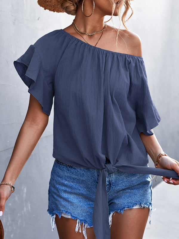 Elasticity Falbala Pleated Solid Color Tied Loose Short Sleeves Round-Neck T-Shirts Tops