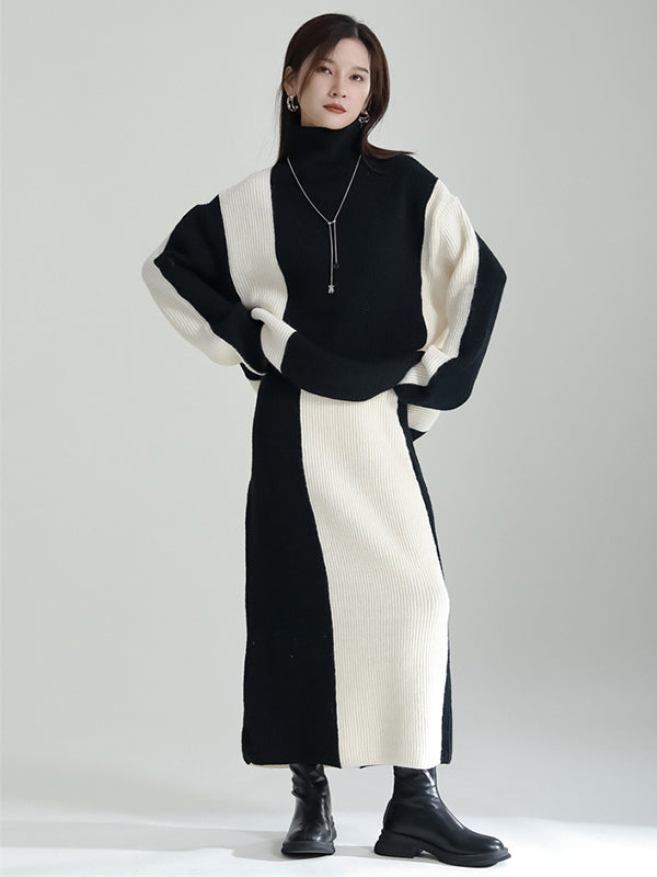 Casual Loose Long Sleeves Contrast Color High-Neck Sweater Top&Skirt Two Pieces Set