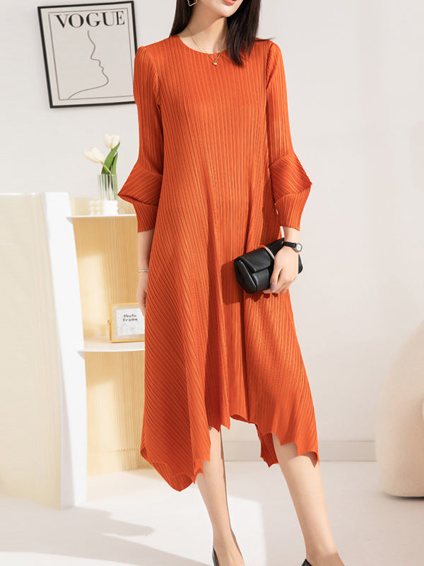 Pleated Solid Color Irregular clipping Loose Round-neck Midi Dresses