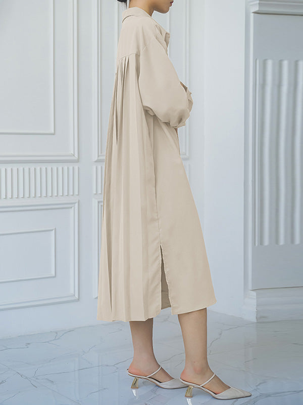 Buttoned Split-side Loose Three-quarter Sleeves Lapel Shirt Dress Midi Dresses