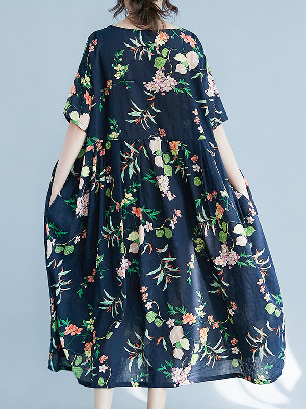 Flower Print A-Line Loose Round-Neck Midi Dresses