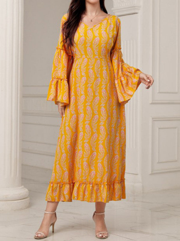 Printed Ruffled Split-Joint A-Line Flared Sleeves V-Neck Maxi Dresses