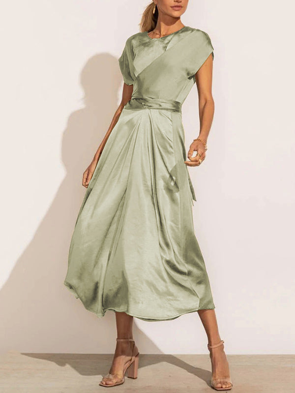 Solid Color Split-Joint Tied Waist Loose Short Sleeves Round-neck Midi Dresses