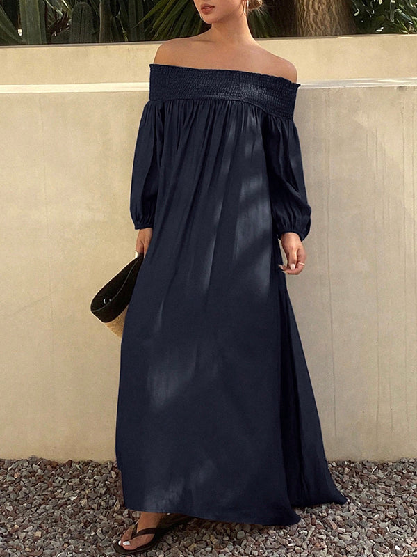 Loose Puff Sleeves Elasticity Pleated Solid Color Off-The-Shoulder Maxi Dresses