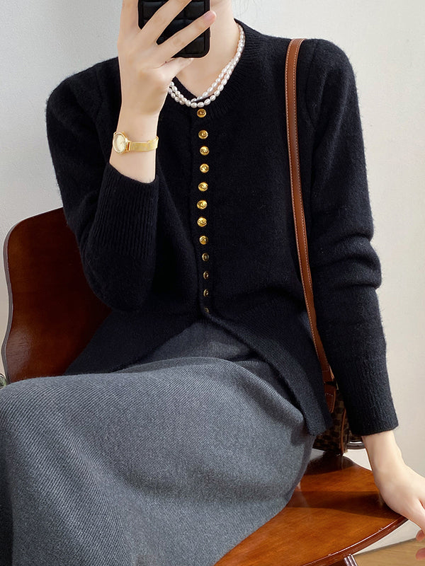 Elegant Long Sleeves Solid Color Round-Neck Cardigan Tops