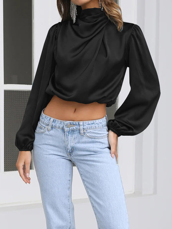 Elasticity Pleated Solid Color Long Sleeves Loose Mock Neck T-Shirts Tops