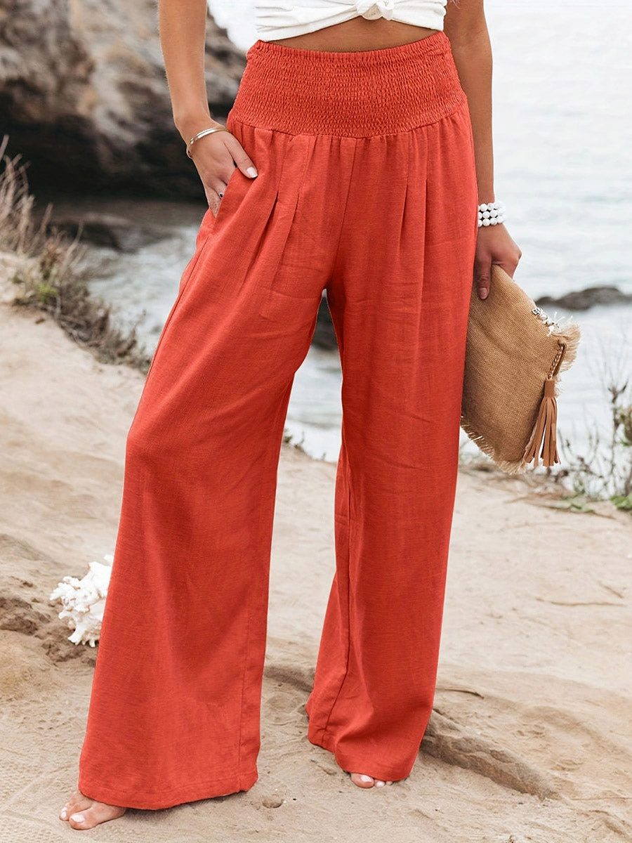 Pleated Pockets Solid Color Split-Joint Elasticated Waist High Waisted Pants