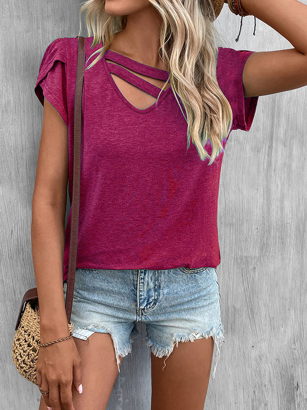 Solid Color Loose Short Sleeves V-neck T-Shirts Tops