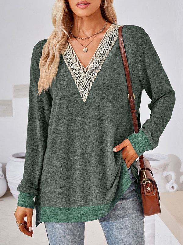 Hollow Split-Joint Split-Side Long Sleeves Loose V-Neck T-Shirts Tops