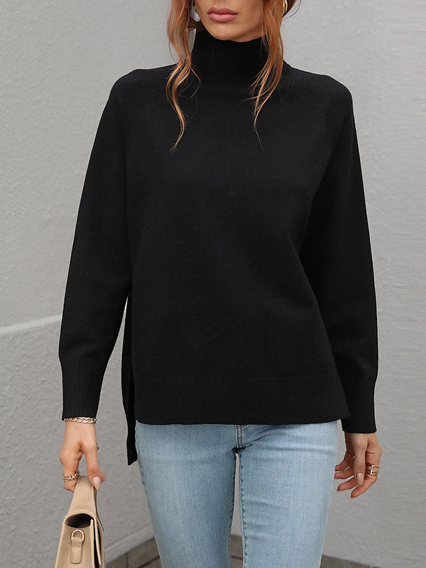 Solid Color Split-Side High-Low Long Sleeves High Neck Sweater Tops Pullovers