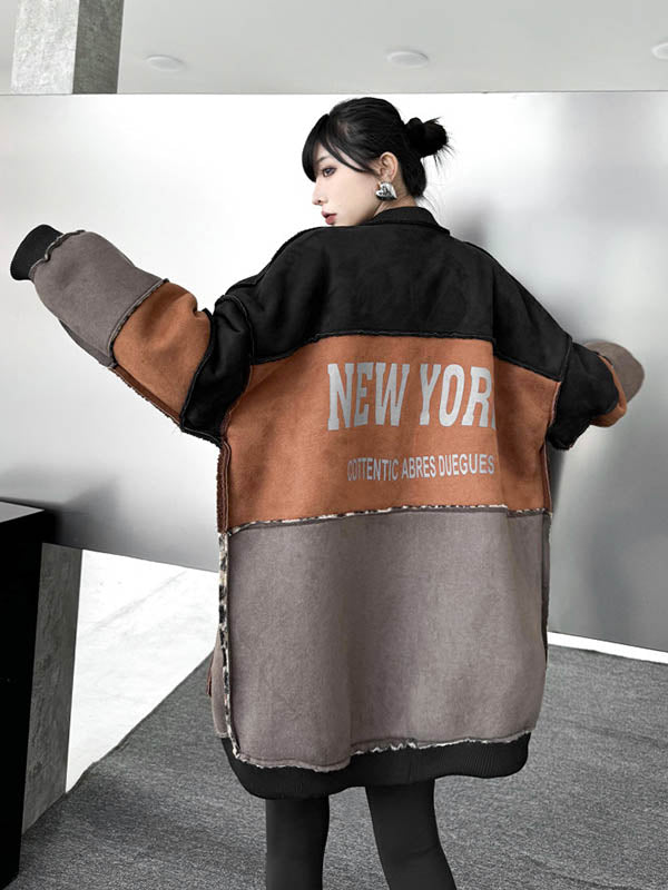 Buttoned Contrast Color Reversible Split-Joint Long Sleeves Loose Round-Neck Outerwear Cardigan Tops