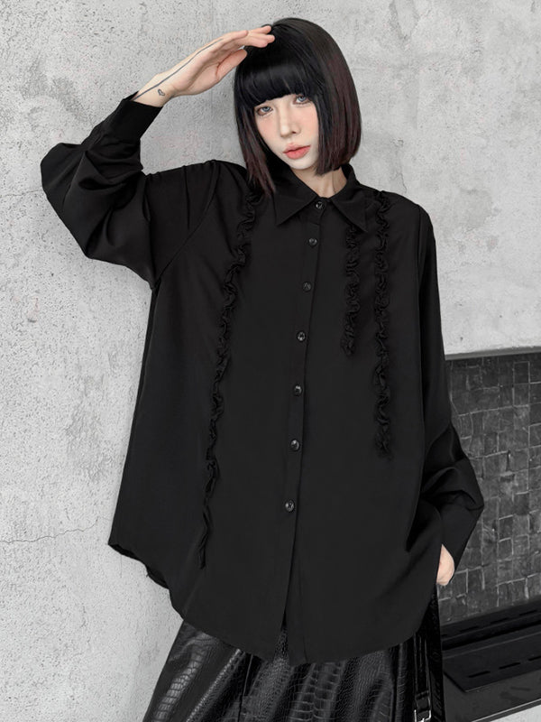 Buttoned Falbala Ruffled Solid Color Split-Joint Hipster Long Sleeves Lapel Blouses&shirts Tops