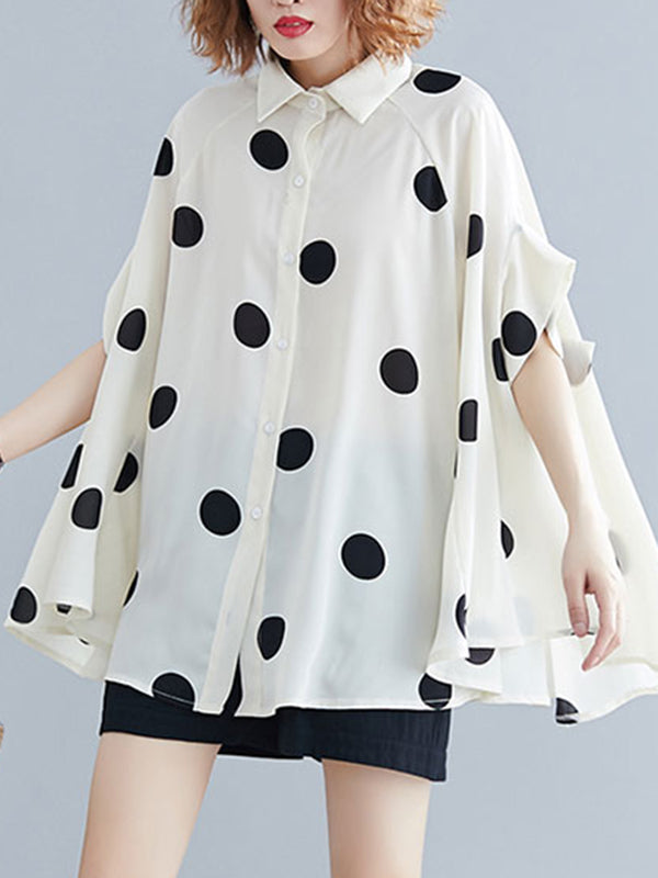 Polka-Dot Batwing Sleeves Loose Lapel Blouses&shirts Tops