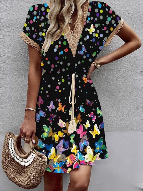 Butterfly Print Elasticity Hollow Polka-Dot Split-Joint Tasseled Tied Waist A-line Loose V-neck Mini Dresses
