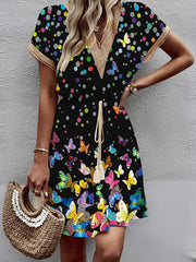 Butterfly Print Elasticity Hollow Polka-Dot Split-Joint Tasseled Tied Waist A-line Loose V-neck Mini Dresses