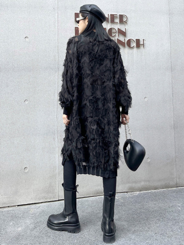 Asymmetric Mesh Pockets See-Through Solid Color Split-Joint Tasseled Irregularity Long Sleeves Stand Collar Midi Dresses