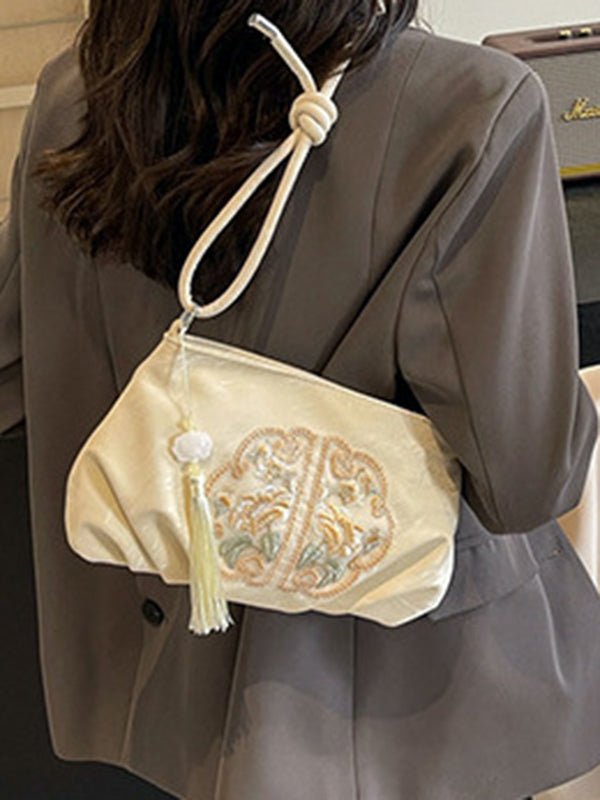 Embroidered Pleated Tasseled Zipper Crossbody Bags