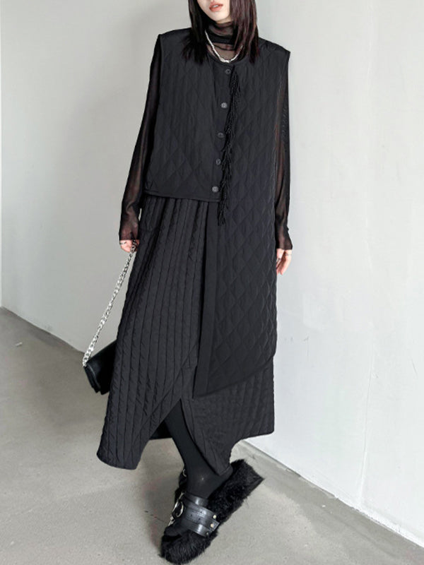 Asymmetric Buttoned Quilted Solid Color Tasseled Loose Sleeveless U-neck Padded Vest