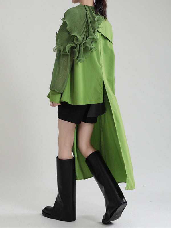 Asymmetric Pleated Solid Color Split-Joint Falbala Long Sleeves Loose Lapel Blouses&shirts Tops