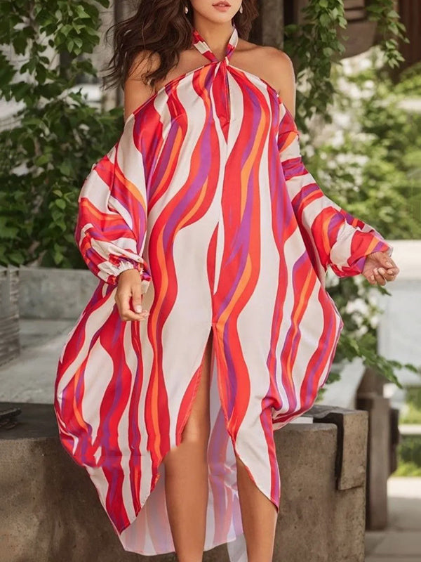 Printed High-low Long Sleeves Halter-Neck Maxi Dresses