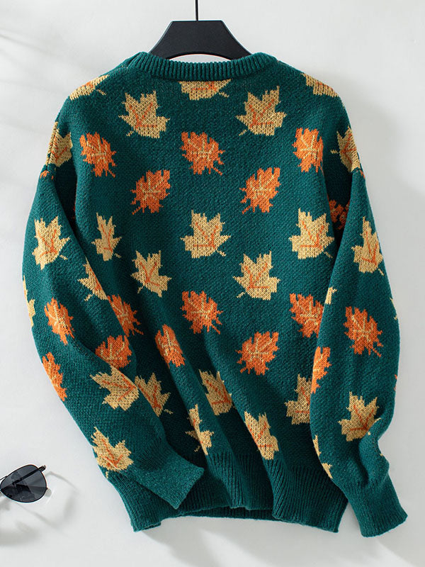 Contrast Color Jacquard Knitted Leaves Split-Joint Long Sleeves Loose Round-Neck Sweater Tops Pullovers