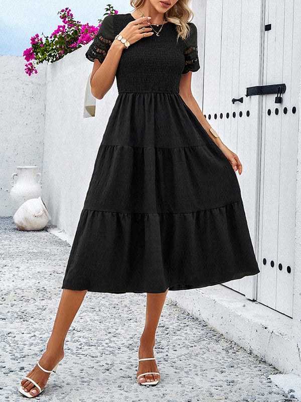 Elasticity Hollow Solid Color Split-Joint A-Line Loose Round-Neck Midi Dresses