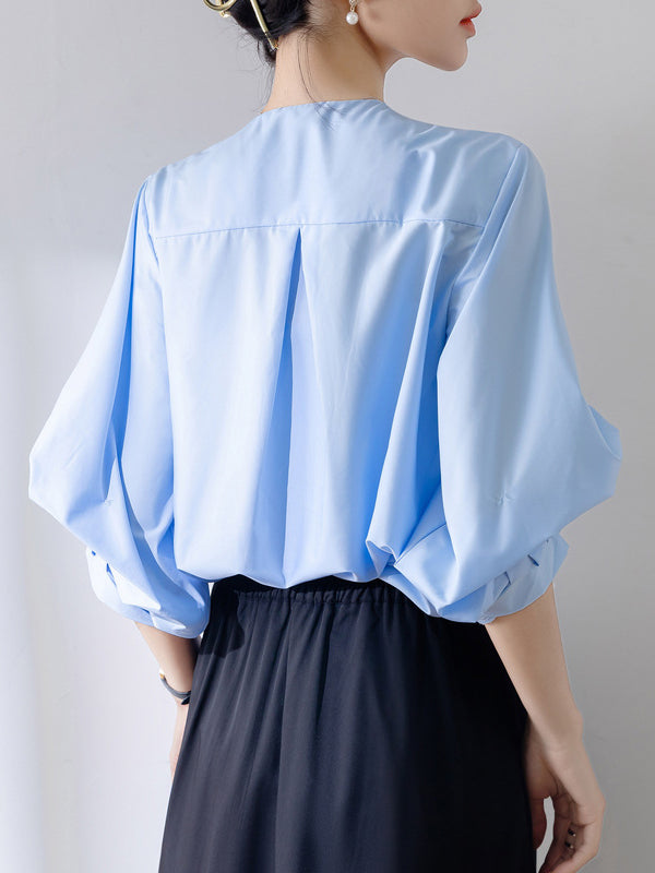 Buttoned Pleated Solid Color Half Sleeves Loose Round-Neck Blouses&Shirts Tops