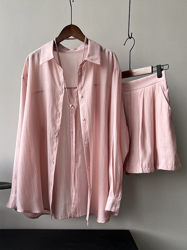 Loose Solid Color Long Sleeves Blouse + Pleated Shorts Two Pieces Set