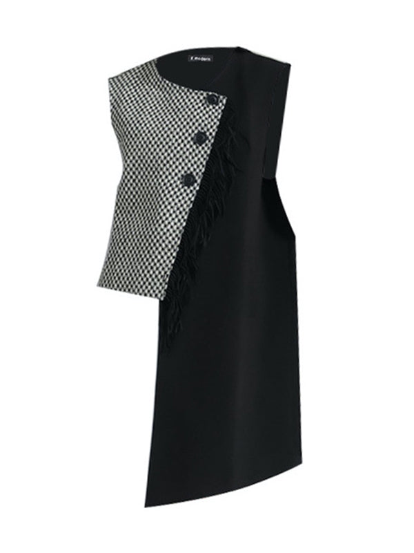 Asymmetric Buttoned Houndstooth Ruffle Sleeves Sleeveless Vest Outerwear