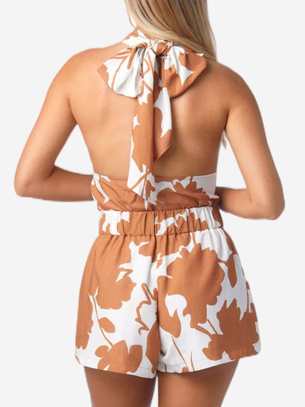 Halter-Neck Loose Backless Flower Print Tied Vest Top + Elasticity Pockets High Waisted Shorts Bottom Two Pieces Set