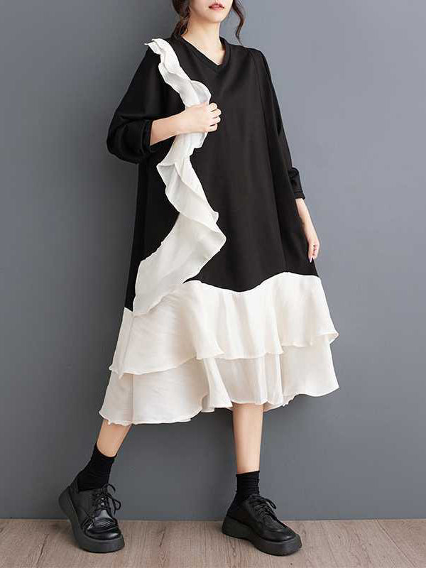 Contrast Color Pockets Ruffle Trim Split-Joint A-Line Long Sleeves V-Neck Midi Dresses