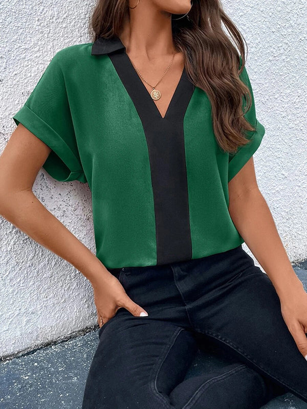 Contrast Color Loose Short Sleeves V-neck T-Shirts Tops