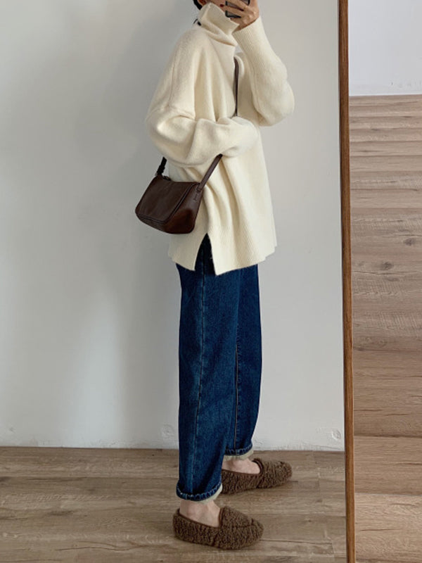 Solid Color Split-Joint Split-Side Long Sleeves Loose High Neck Sweater