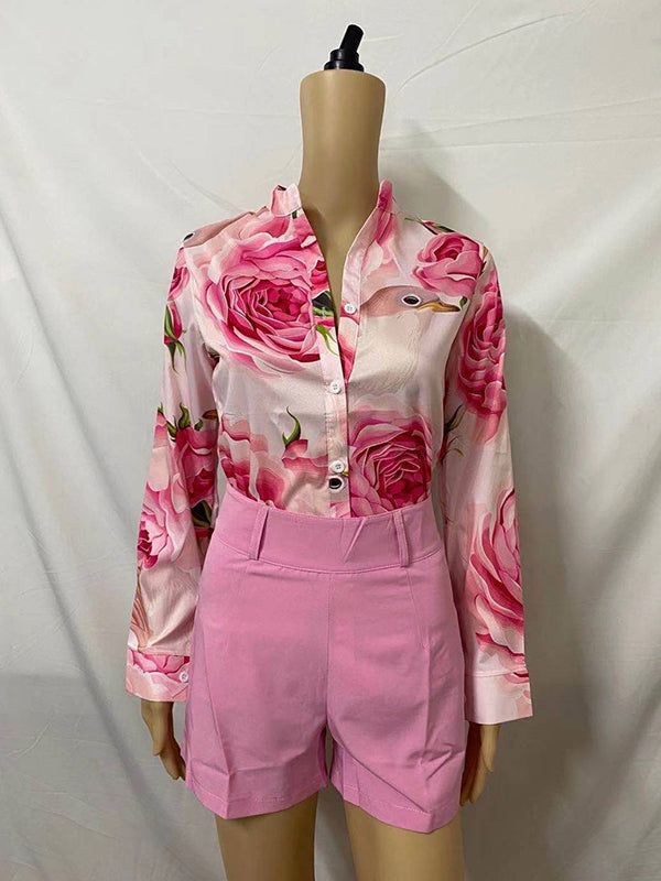 Flower Print Long Sleeves Buttoned  Deep V-Neck Shirts Top +Belted Shorts Bottom Two Pieces Set