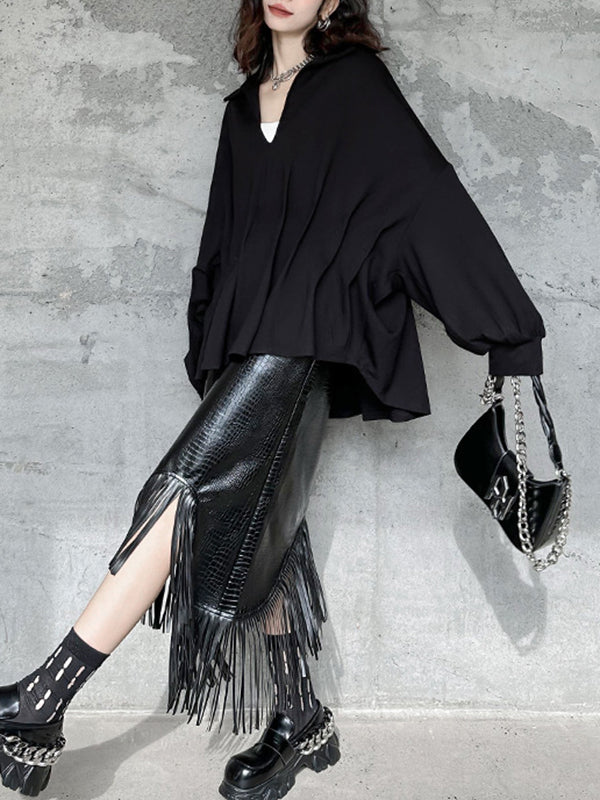 Pleated Solid Color Batwing Sleeves Long Sleeves Deep V-Neck Blouses&Shirts Tops