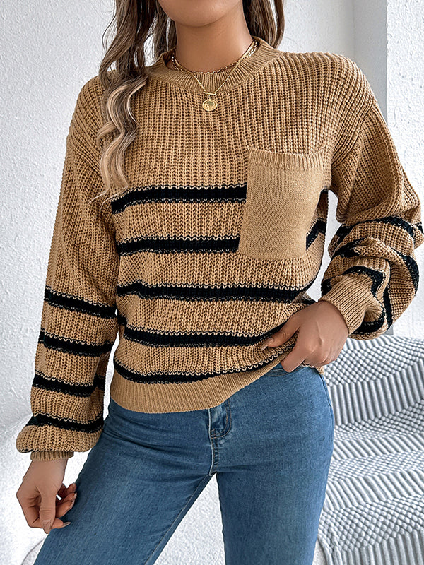 Contrast Color Pockets Split-Joint Long Sleeves Loose Round-Neck Sweater Tops Pullovers